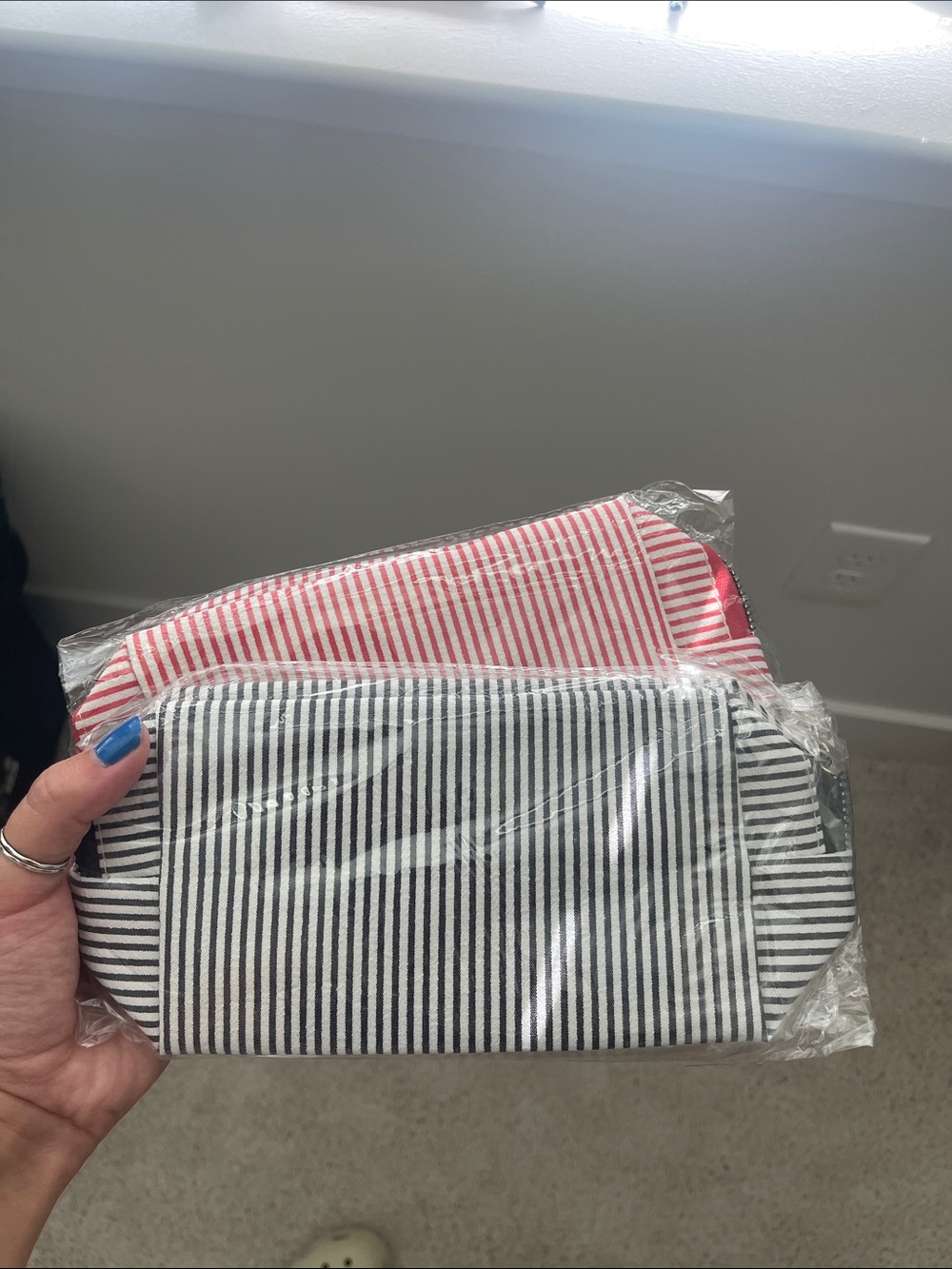 Striped Cotton Cosmetic Pouch - Black and Red